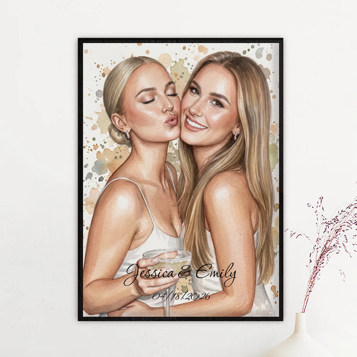 Watercolor poster of two friends in a black frame with a flower branch