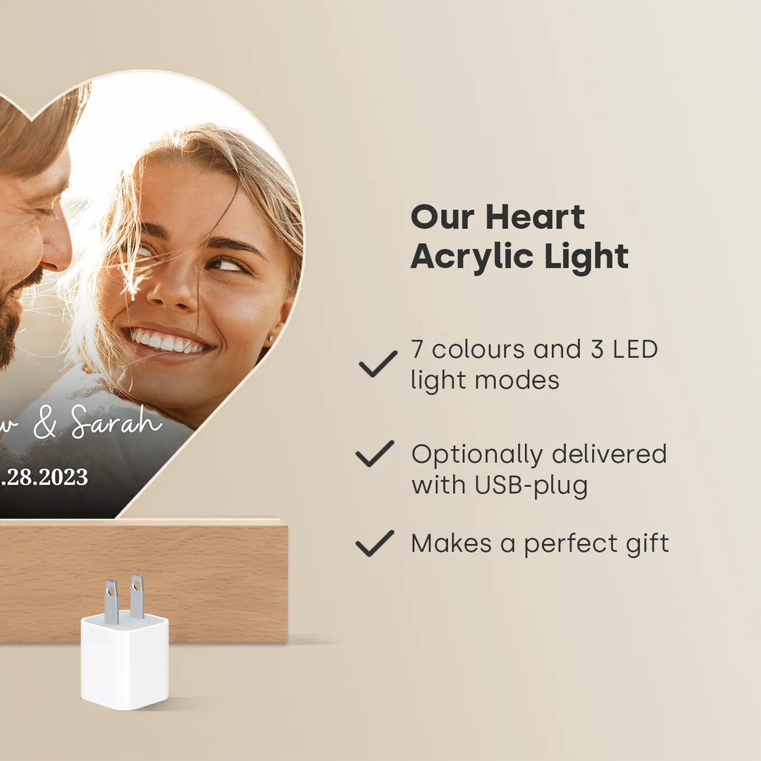 Personalized Heart Acrylic Light "Photo & Text" | Night Light