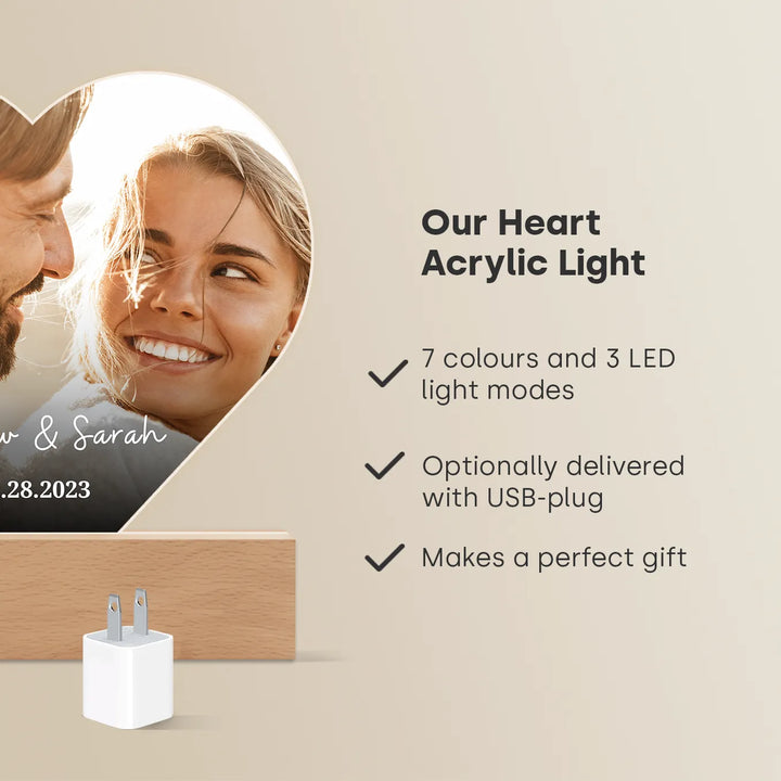Personalized Heart Acrylic Light "Photo & Text" | Night Light