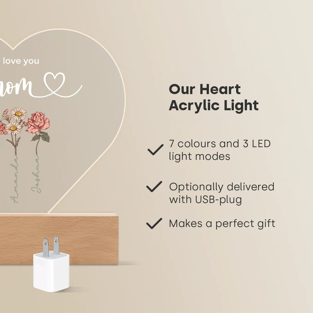 Personalized Heart-Shaped Acrylic Light "Flowers for Mom"