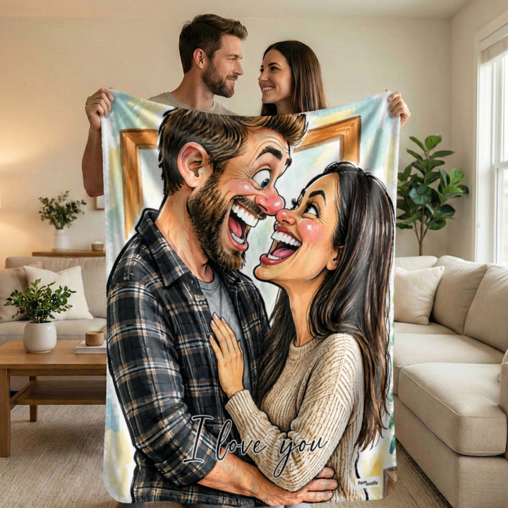 Couple holding up their personalized caricature blanket with "I love you"