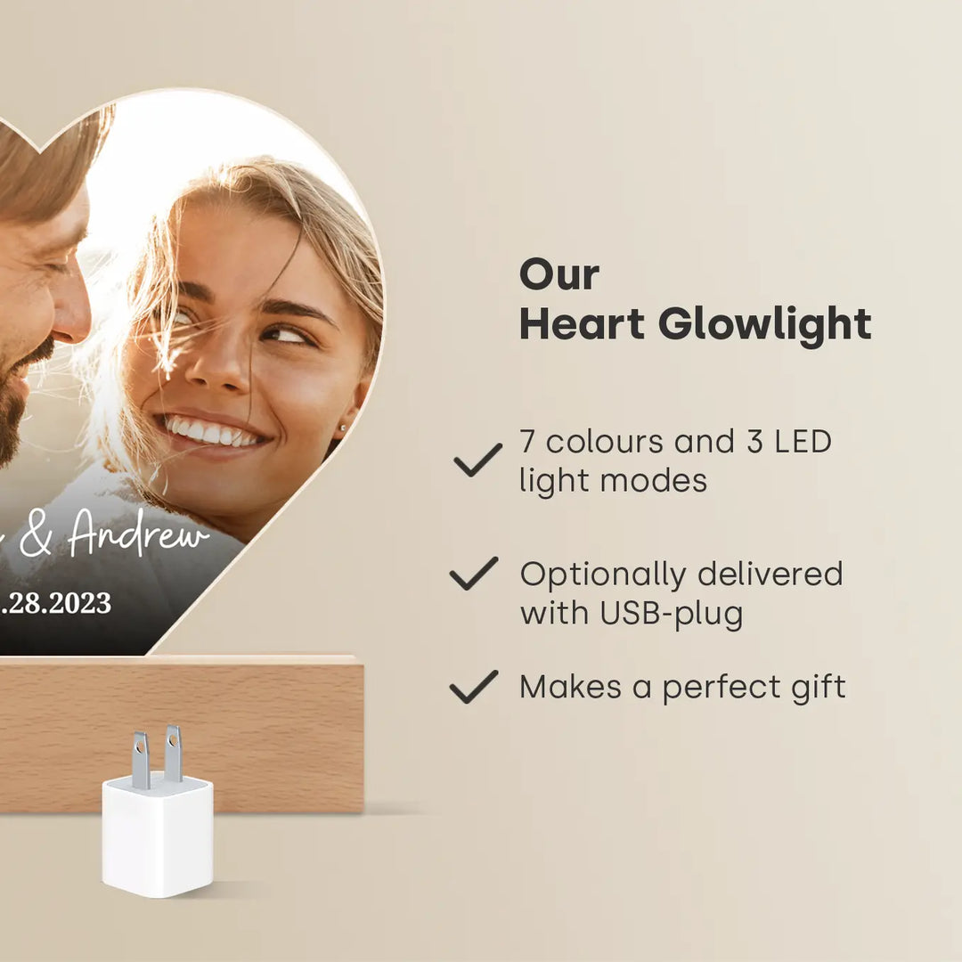 Personalized Heart Acrylic Light "Photo & Text" | Night Light, Décor, Glowlight
