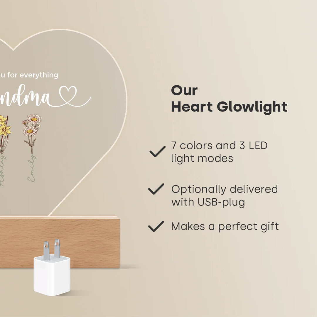 Personalized Heart Acrylic Light "Flowers for Grandma" | Night Light, Decor Light, Glow Light