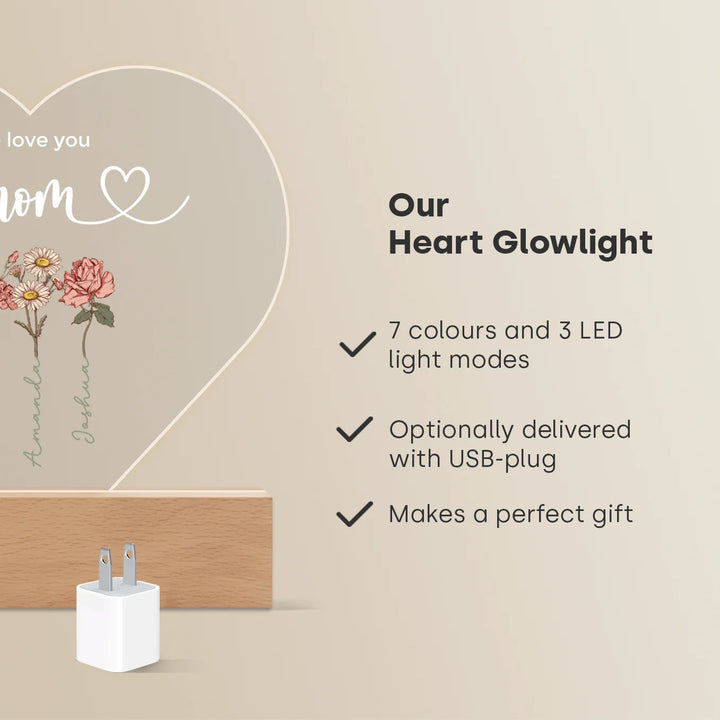 Personalized Heart-Shaped Acrylic Light "Flowers for Mom"