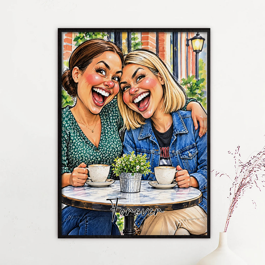 Besties Sketch poster of two friends at a café table in a black frame