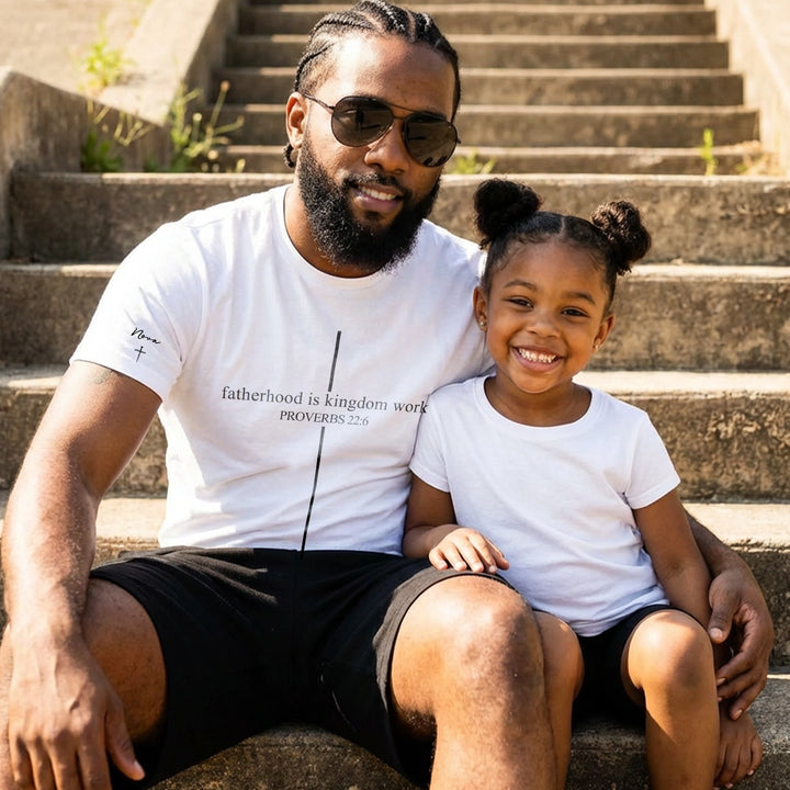 Personalized T-Shirt "Fatherhood is Kingdom Work" with Sleeve Print