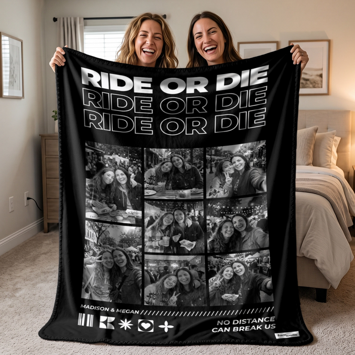 Two best friends holding up a black Ride or Die blanket with 8 photos
