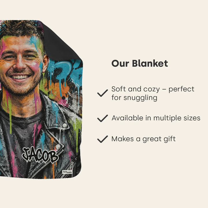 Infographic for the blanket: soft and cozy, available in multiple sizes, makes a great gift