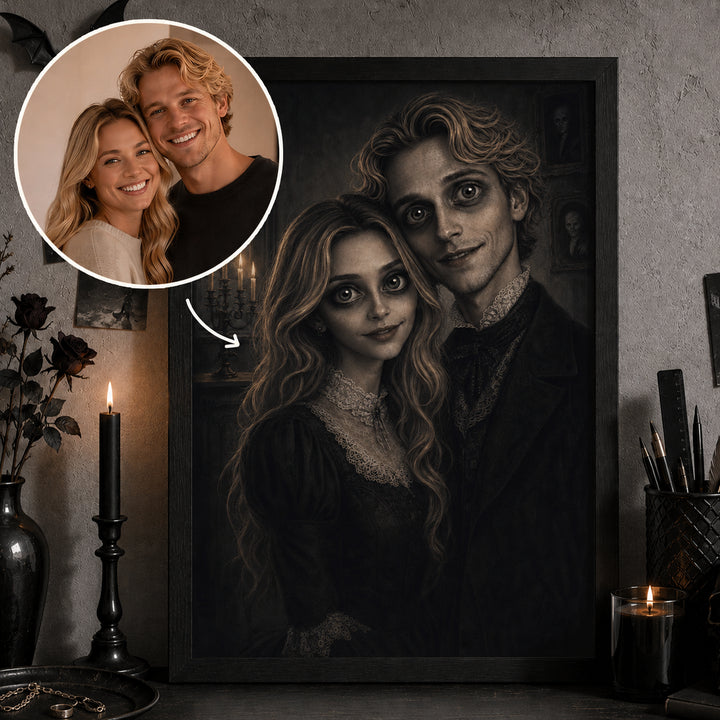 Personalized Poster "Spooky Couple" as a gift for couples: spooky vintage couple portrait from your photo with custom text – famwalls